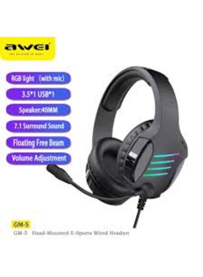 أوي Awei سماعة ألعاب Awei. GM-5 سلكية فوق الأذن مزودة بميكروفون وإضاءة LED، مناسبة لألعاب الكمبيوتر. - Image 4